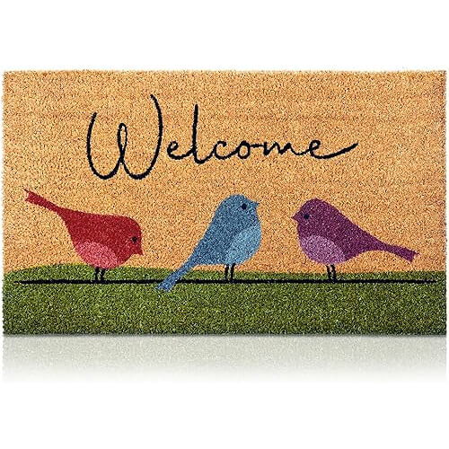 Vibrant Colorful Birds Coir Mat that Welcomes Guests Beautifully. 