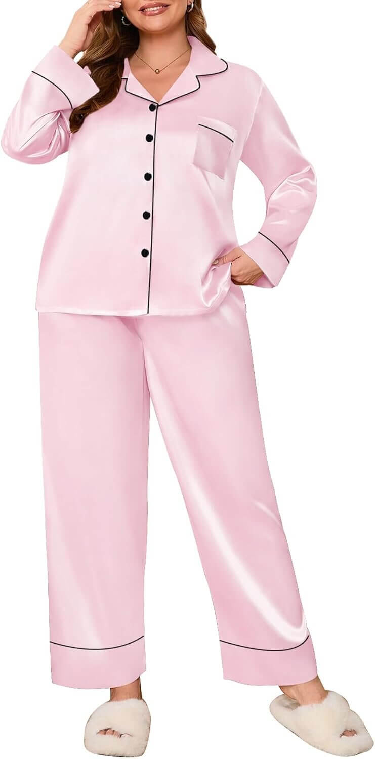 SWOMOG Silk Pajamas - Cozy Plus Size Sleepwear with Pockets 