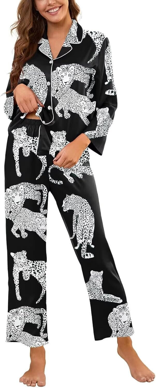Silk Pajama Set for Women - Cute Animal Print Sleepwear 