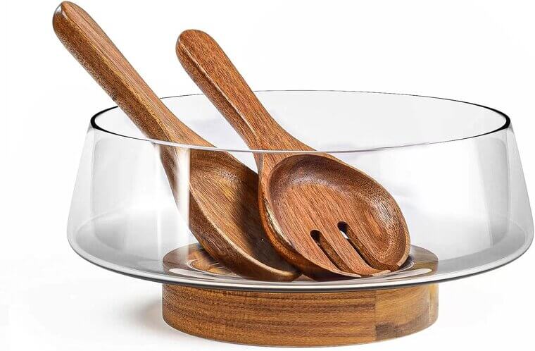 KITEISCAT Salad Bowl Set - Elegant Glass & Wood Design 