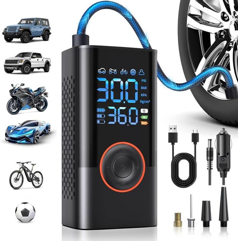 Portable Air Compressor: Fast Inflation, Auto Shutoff, Large Battery -