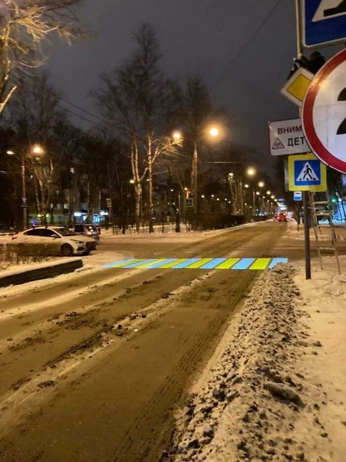 Crosswalk Projected On A Dirty Winter Road