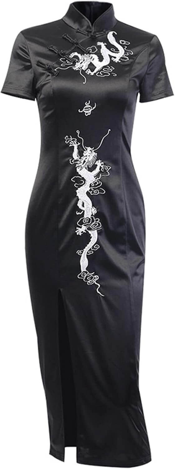 Gothic Cheongsam Dress - Elegant Asian Maxi with Dragon Print - Now 8% Off!