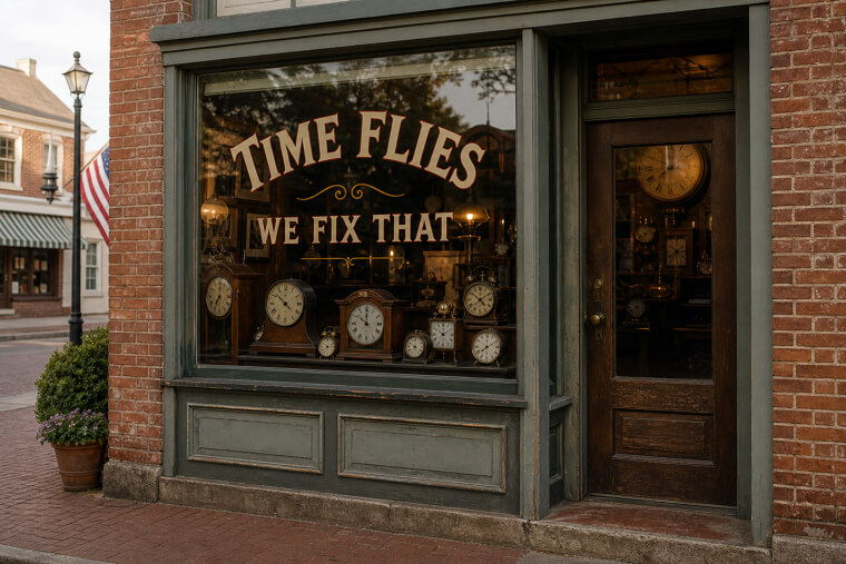 "Time Flies" Clock Repair Shop Storefront