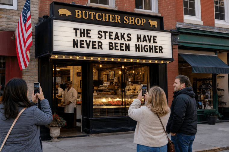 "The Steaks Have Never Been Higher" Butcher Shop Marquee