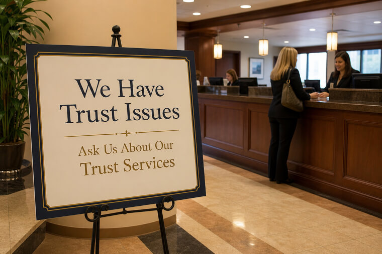 "We Have Trust Issues" Bank Lobby Sign