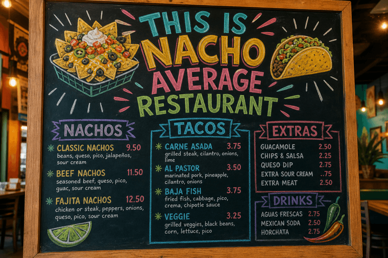 "This Is Nacho Average Restaurant" Taqueria Menu Board