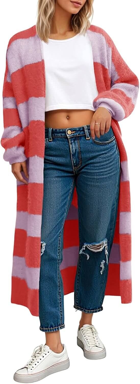 Striped Long Cardigan - Cozy, Stylish, and Versatile! - Enjoy 27% Off!